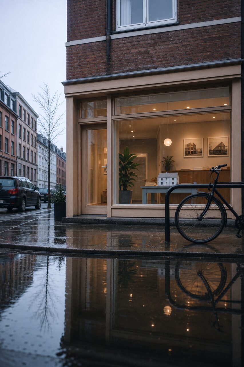 Fahrradspiegelung im Schaufenster eines Immobilienbüros in Kopenhagen