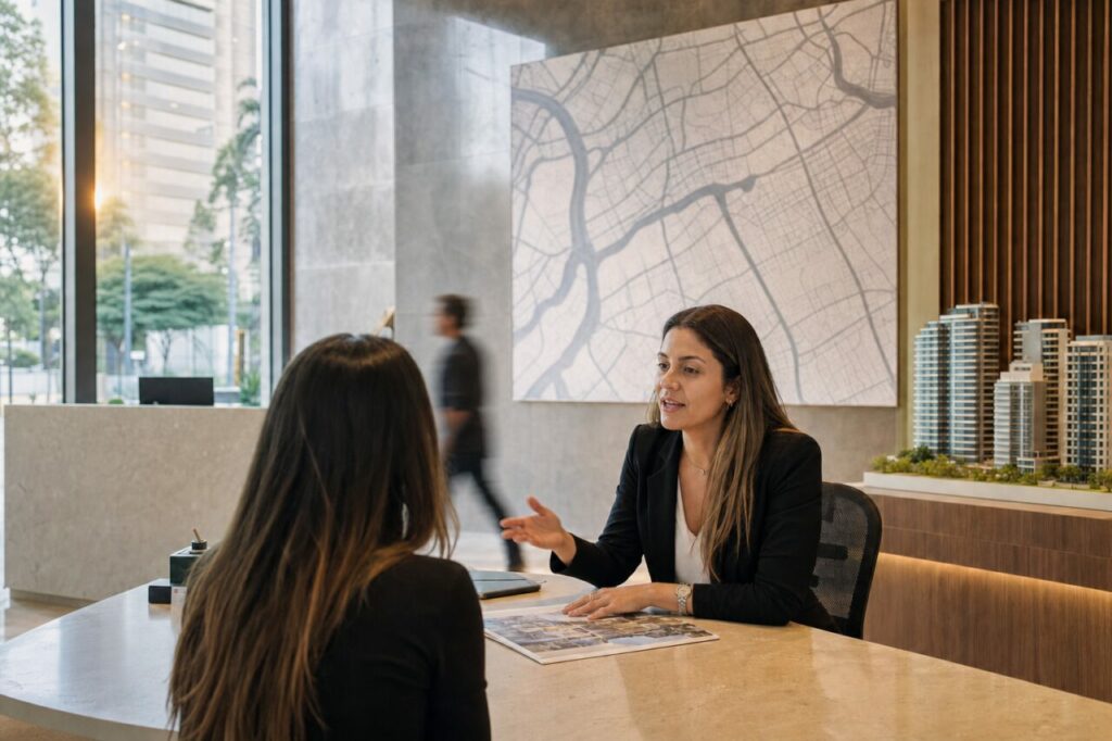 Immobilienberaterin und Kundin bei einem Termin in São Paulo