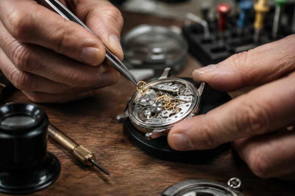 Réparation d’une montre mécanique avec pince et mouvement ouvert