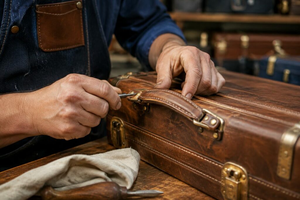 Réparation d’une poignée de valise en cuir sur un établi