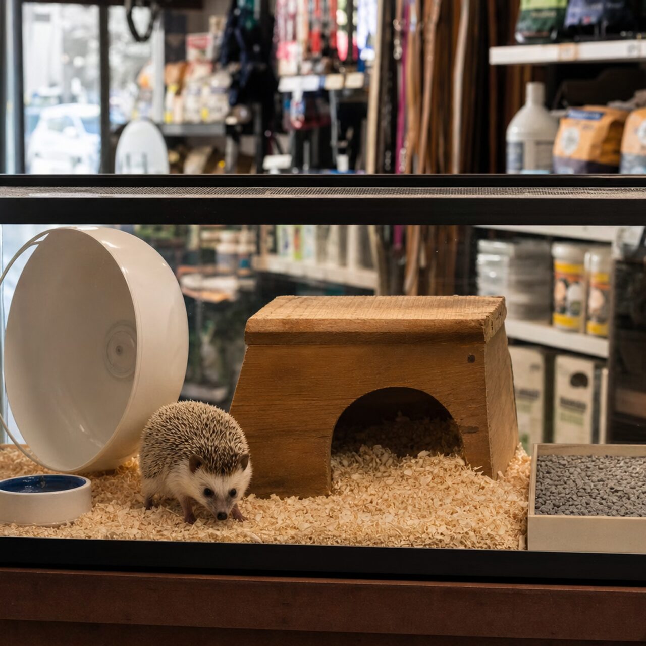 Weißes Rad und Igel in einem Terrarium mit Holzhäuschen