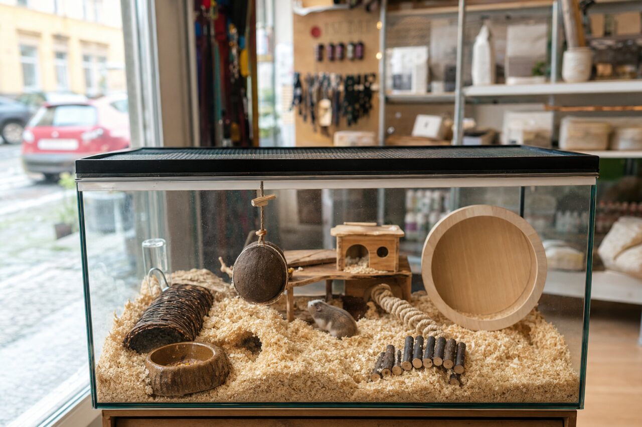 Roue en bois et hamster dans un terrarium aménagé