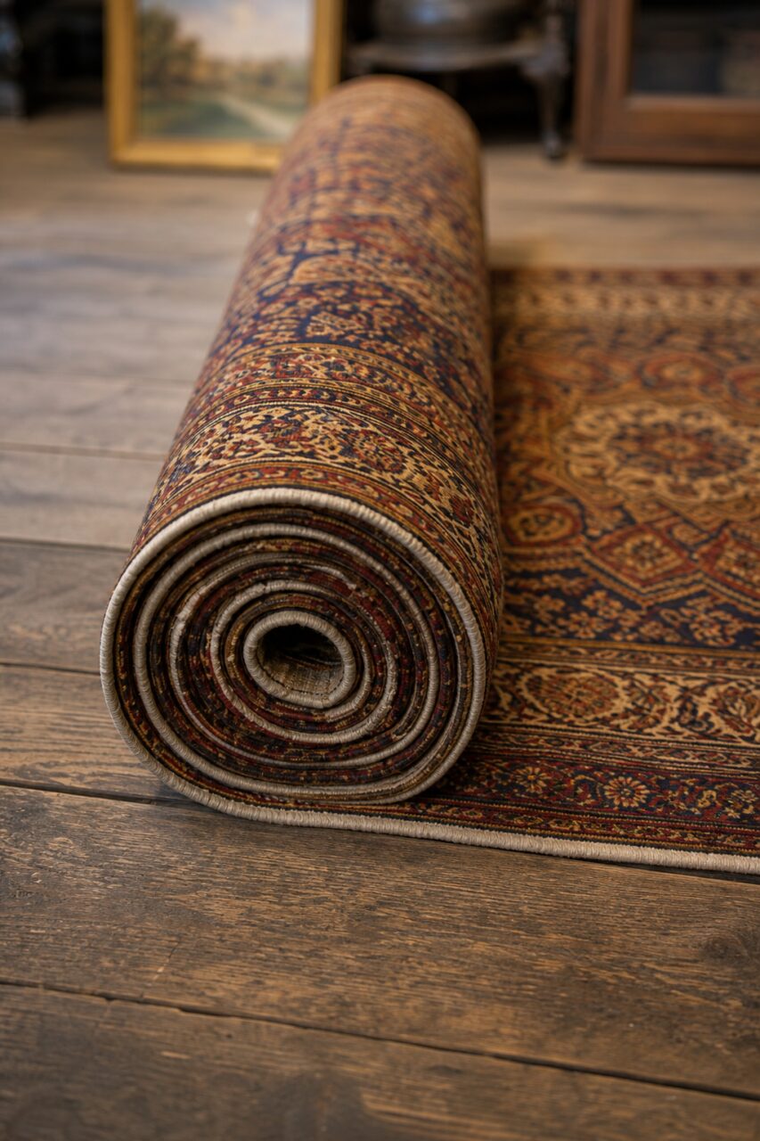 Rolled Persian rug standing before a floral border