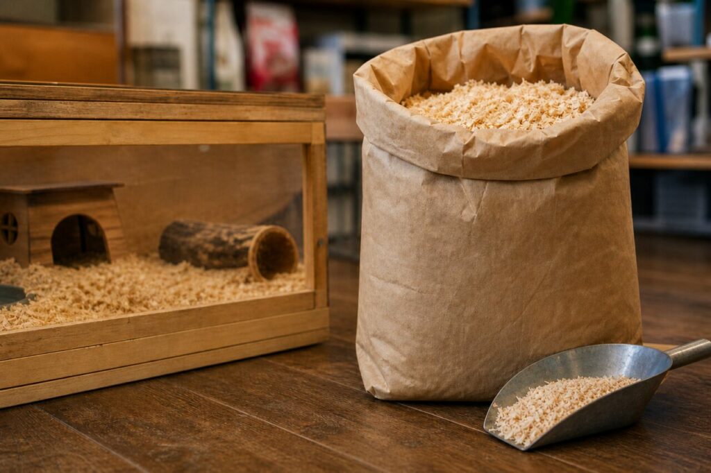 Sack mit Holzspänen und Nagergehege mit Schaufel