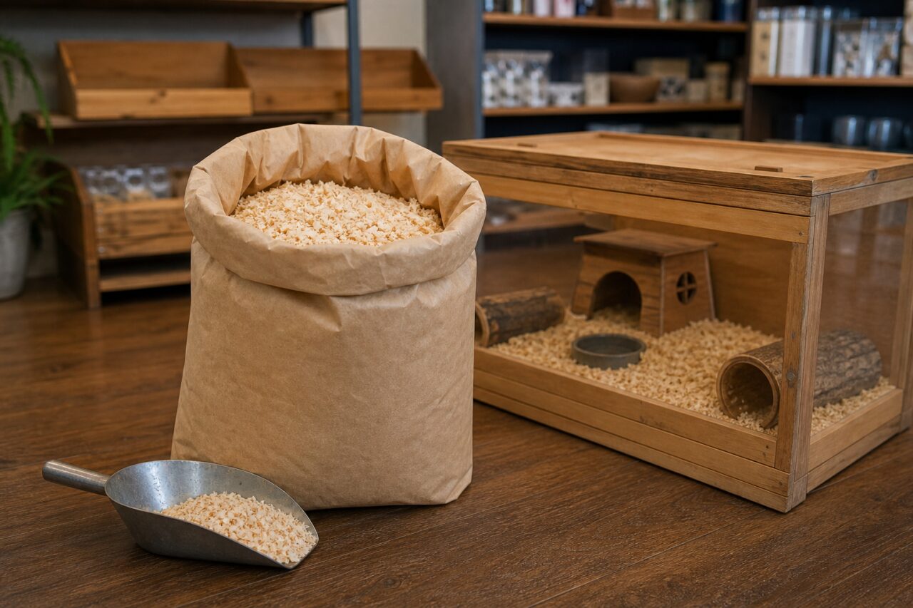 Streusack und Holzgehege für einen kleinen Nager