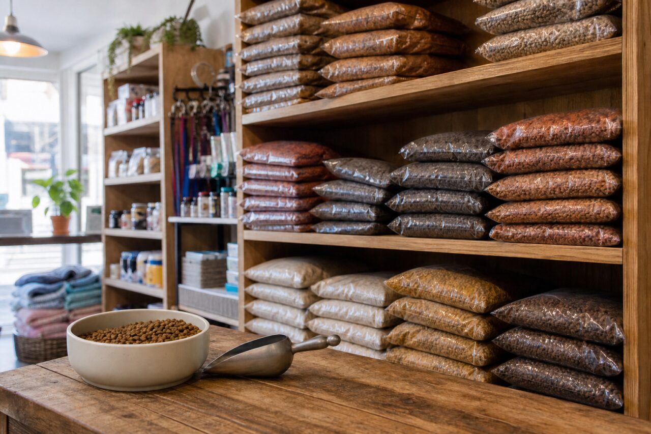 Sacs de croquettes dans une boutique lumineuse