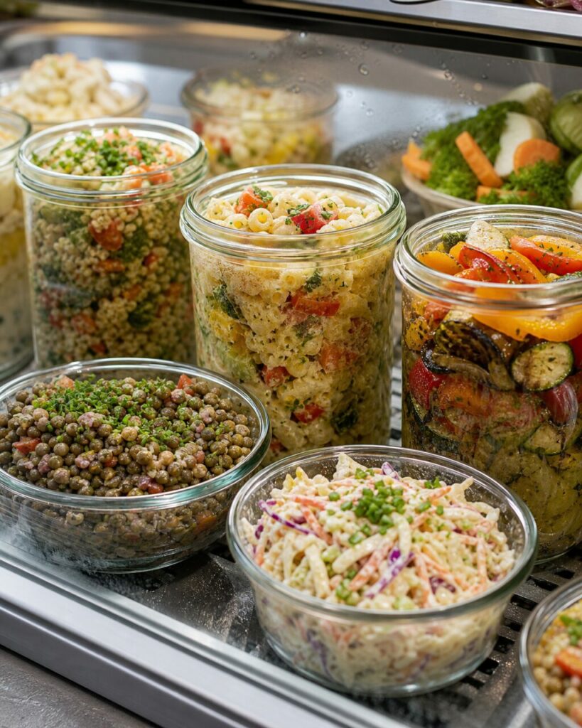Salades composées en bocaux et bols dans une vitrine réfrigérée