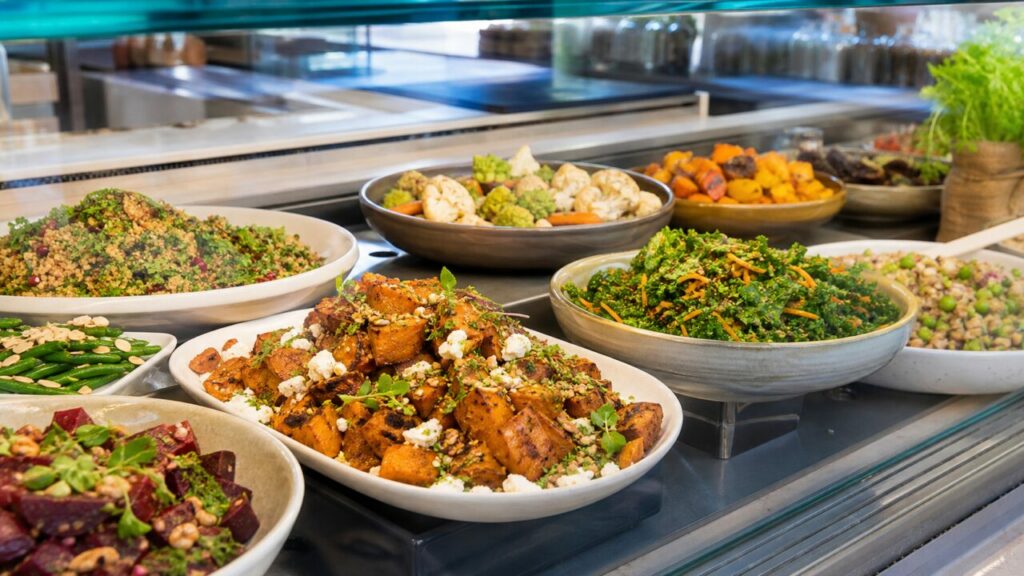 Salades préparées présentées en vitrine traiteur