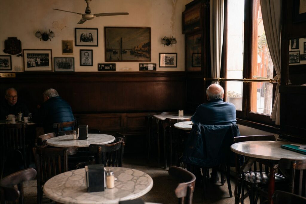 Dark café room with round tables and framed portraits