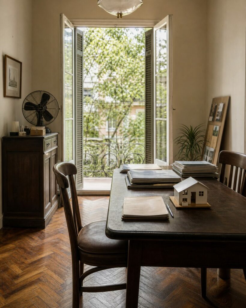 Besprechungsraum eines Immobilienbüros in Buenos Aires mit offenem Balkon