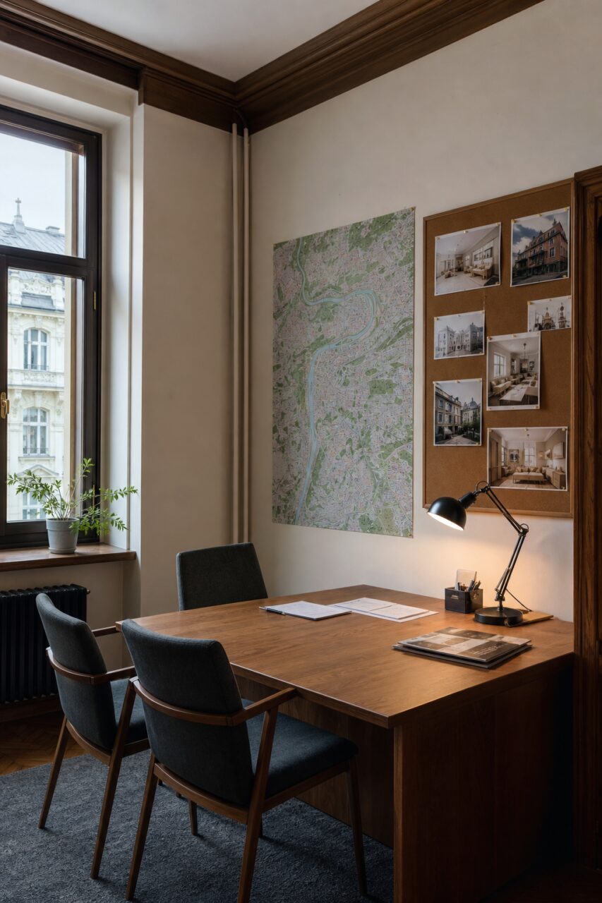 Sala de consulta imobiliária com mapa e maquetes