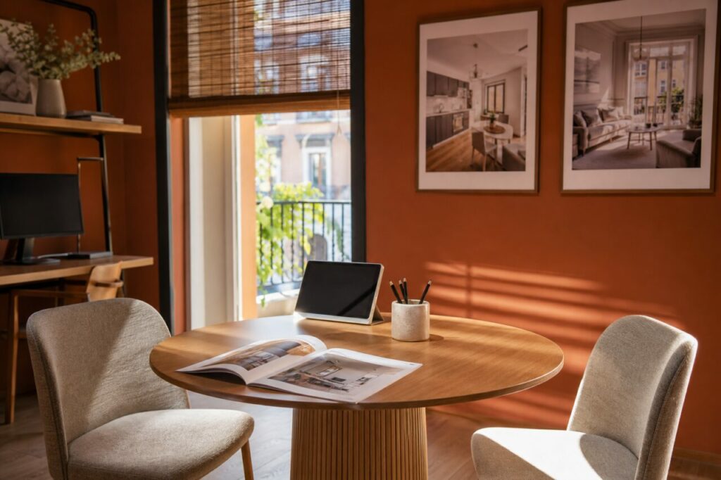 Salle de consultation immobilière à Madrid avec table ronde en bois