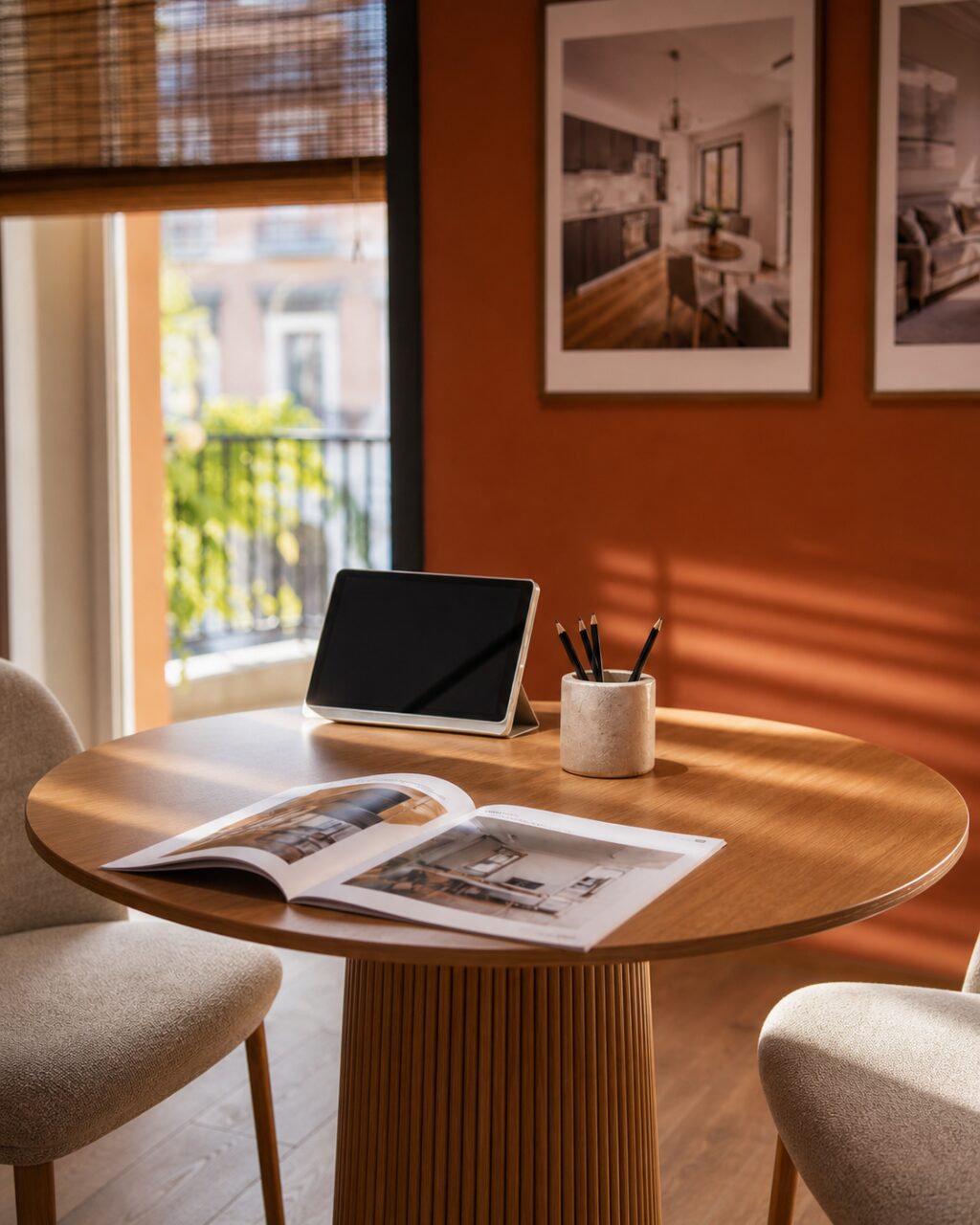 Kamer van een makelaarskantoor in Madrid met tablet en woningcatalogus