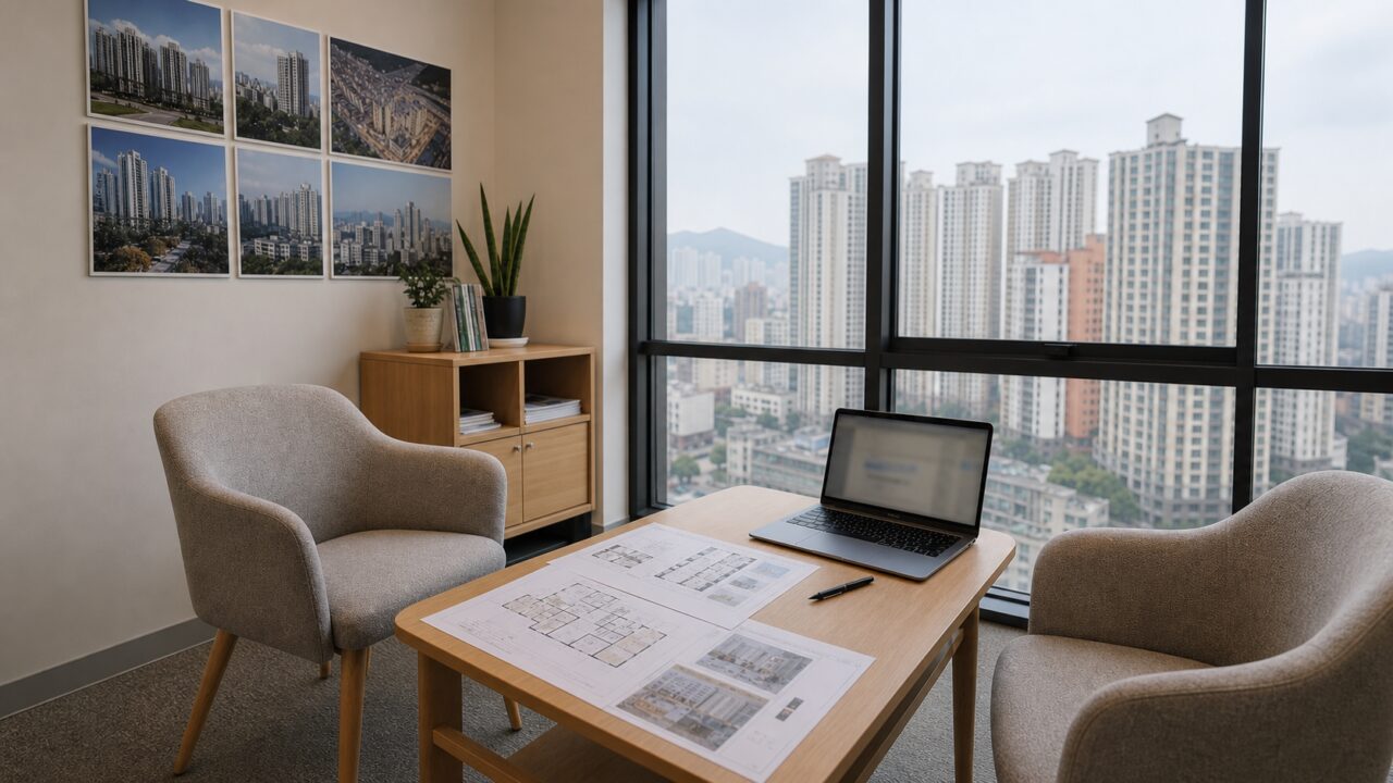 Seoul real estate consultation room with panoramic view