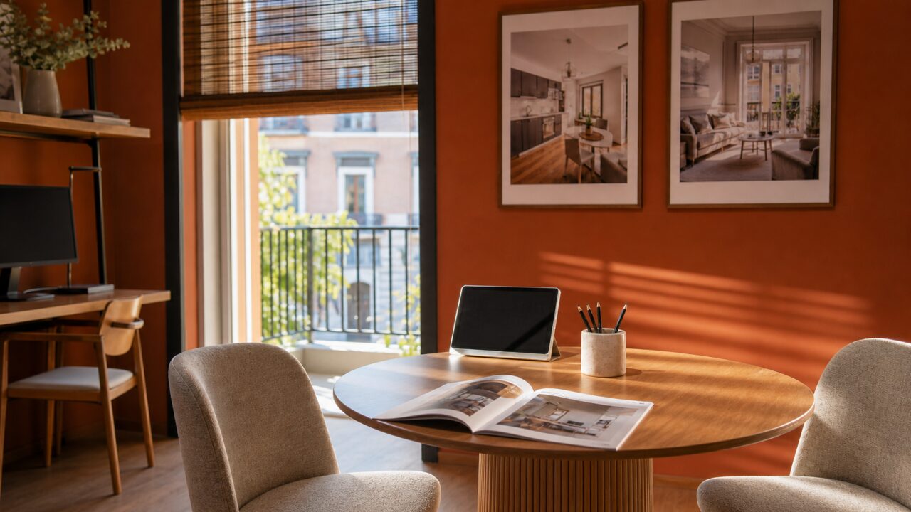 Sala de reunión inmobiliaria en Madrid con catálogo abierto