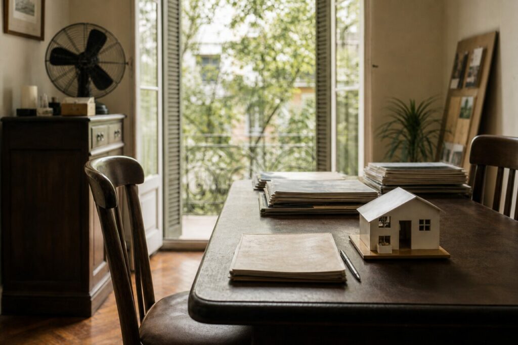 Sala de reuniões imobiliárias em Buenos Aires com maquete e processos