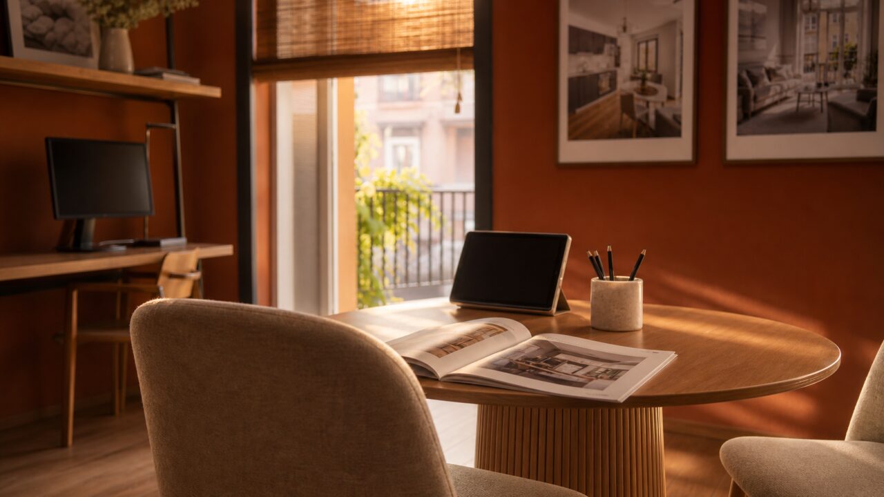 Sunlit Madrid real estate meeting room with an open property magazine