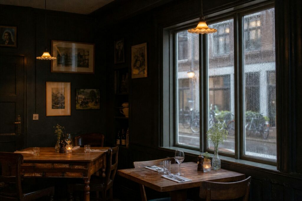 Dark dining room with set tables and droplet-covered windows