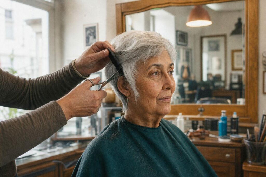 Wide salon view during a haircut