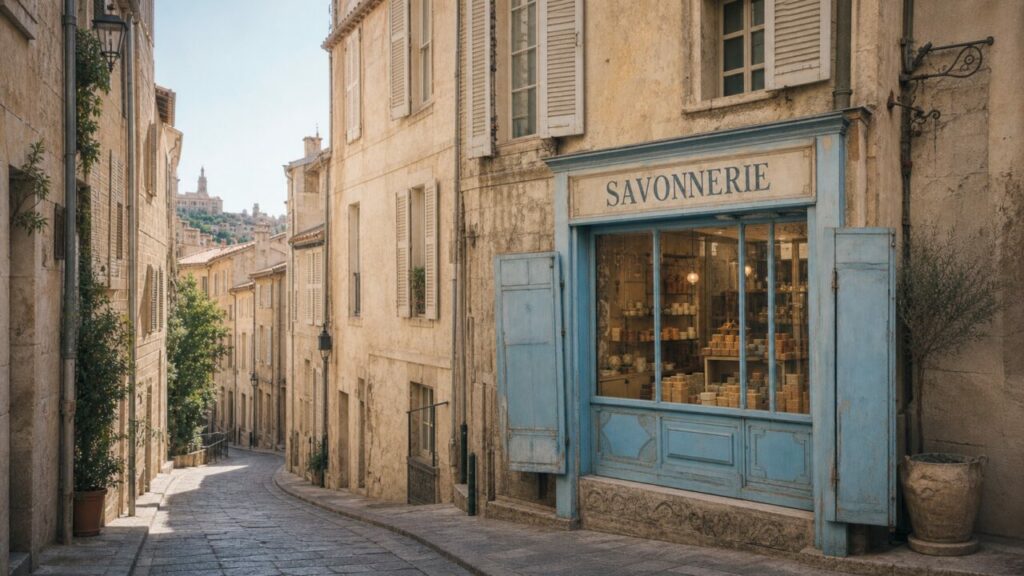 Savonnerie de Marseille dans une ruelle ancienne, devanture bleu ciel et savons en pains