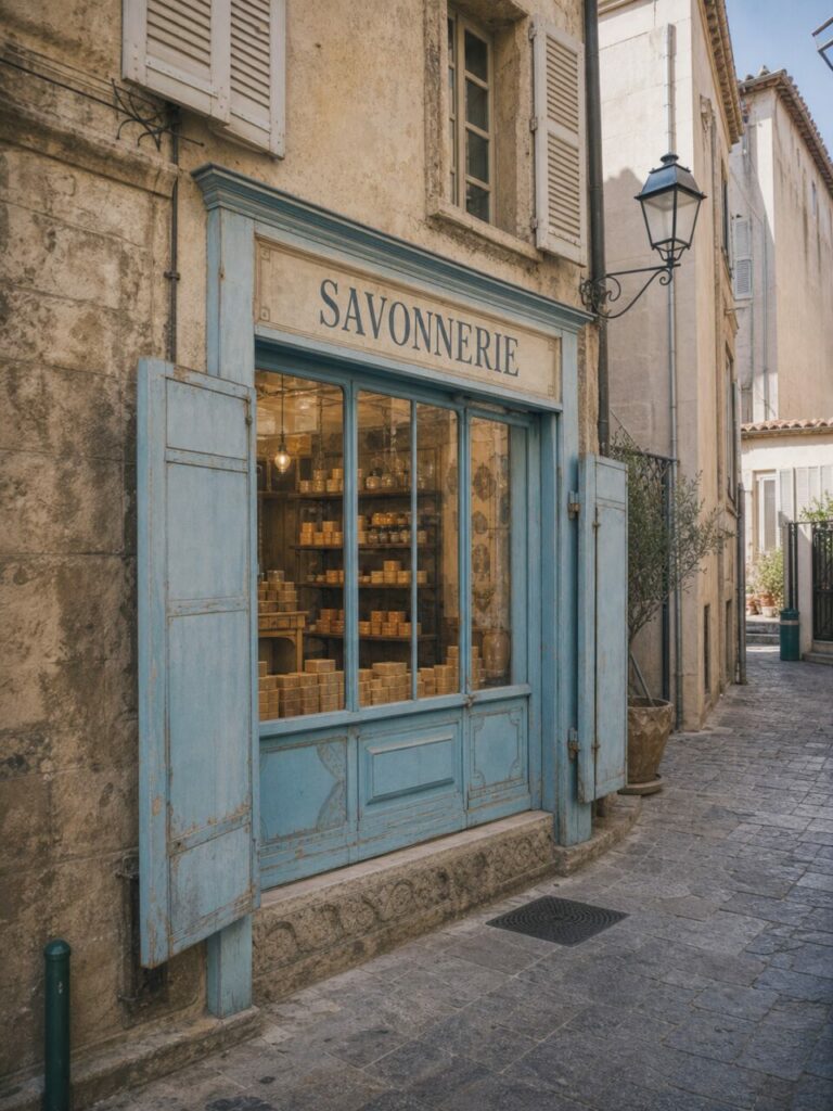 Savonnerie marseillaise à volets ouverts, enseigne patinée et savons rangés dans une vitrine