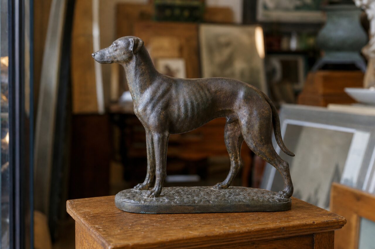 Escultura de perro de bronce iluminada de lado sobre un mueble antiguo