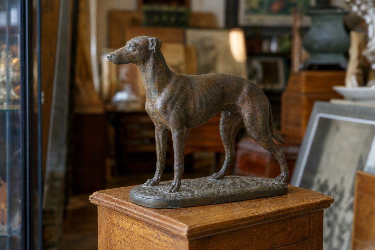 Escultura de cão em bronze vista de três quartos sobre móvel antigo