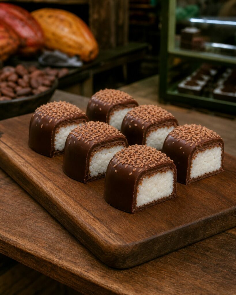 Série de pralines au coco sur une planche