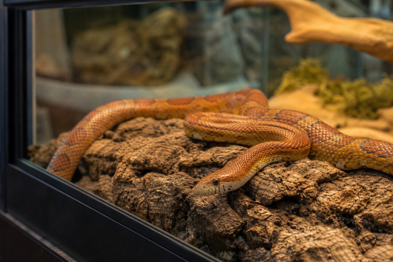 Serpente ramato raccolto sul decor di corteccia