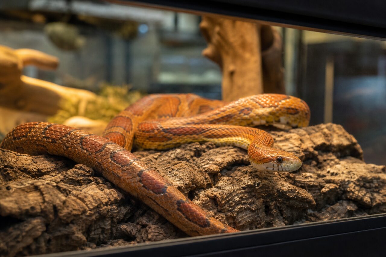 Orange Schlange auf Rinde unter einem Terrarienast