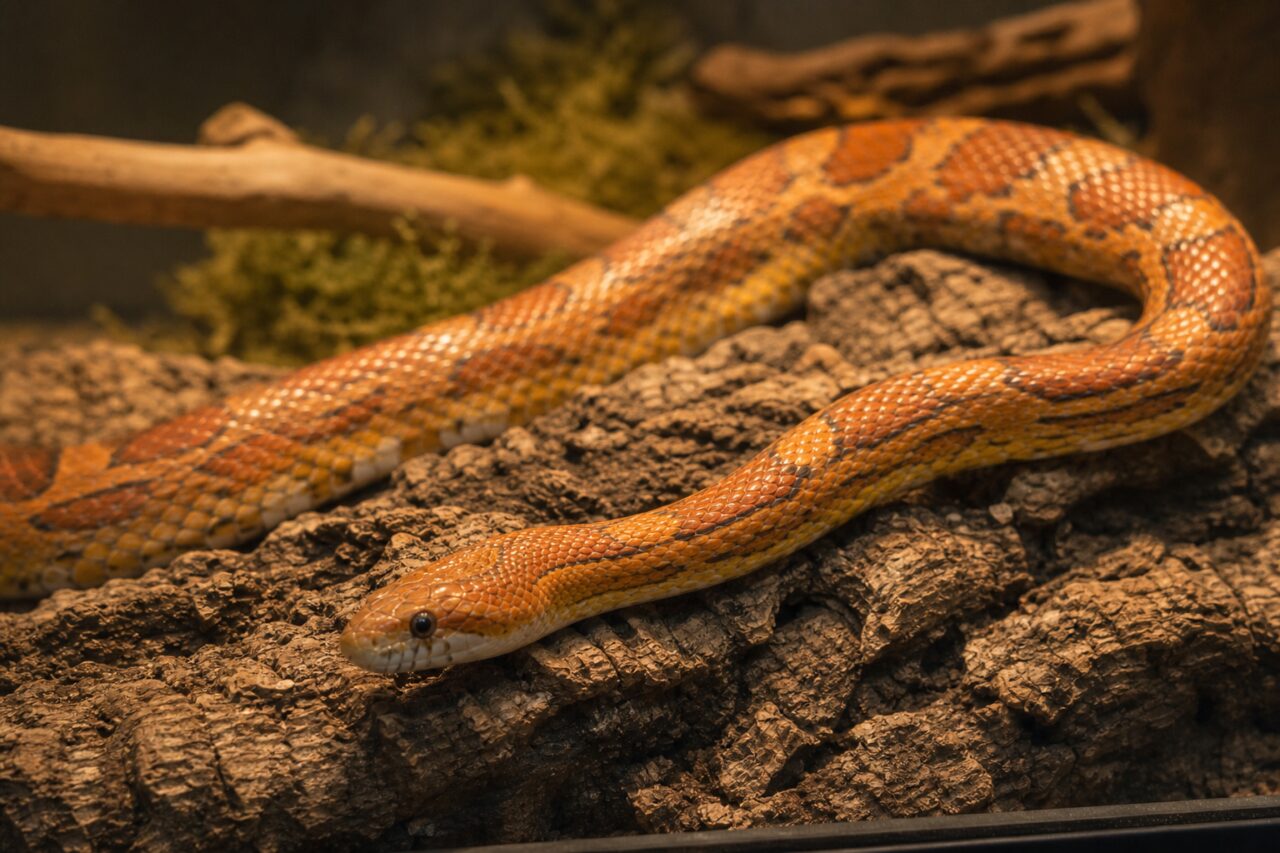 Serpente laranja enrolada com a cabeça em primeiro plano