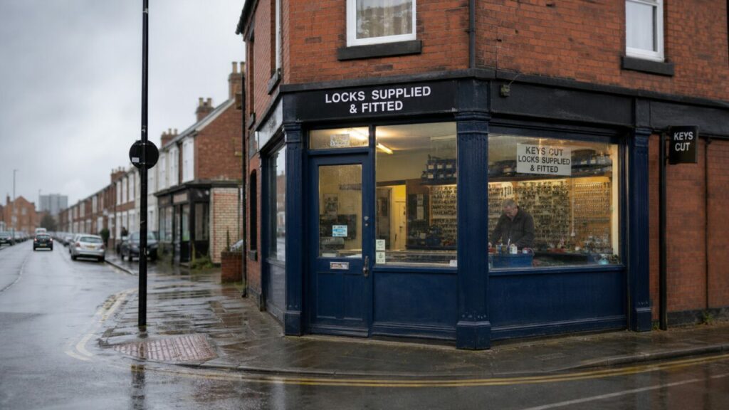 Serrurerie bleue à l’angle d’une rue de Manchester sous la pluie