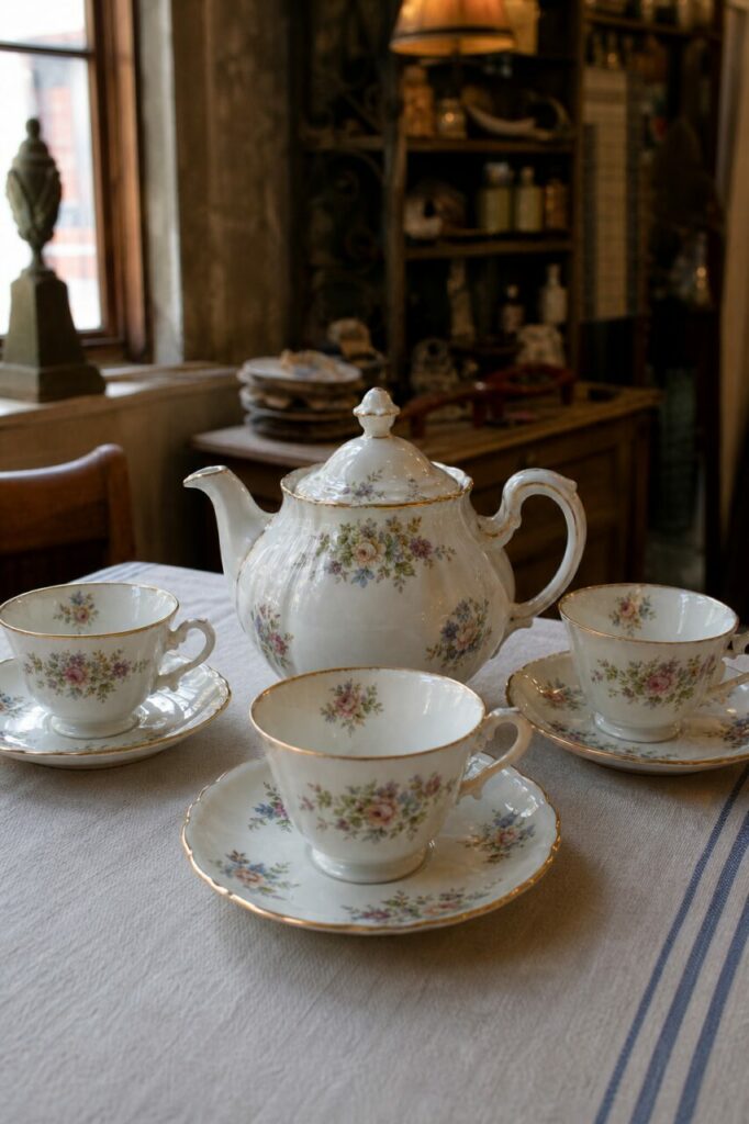 Service à thé fleuri en porcelaine blanche vu de face avec théière et trois tasses
