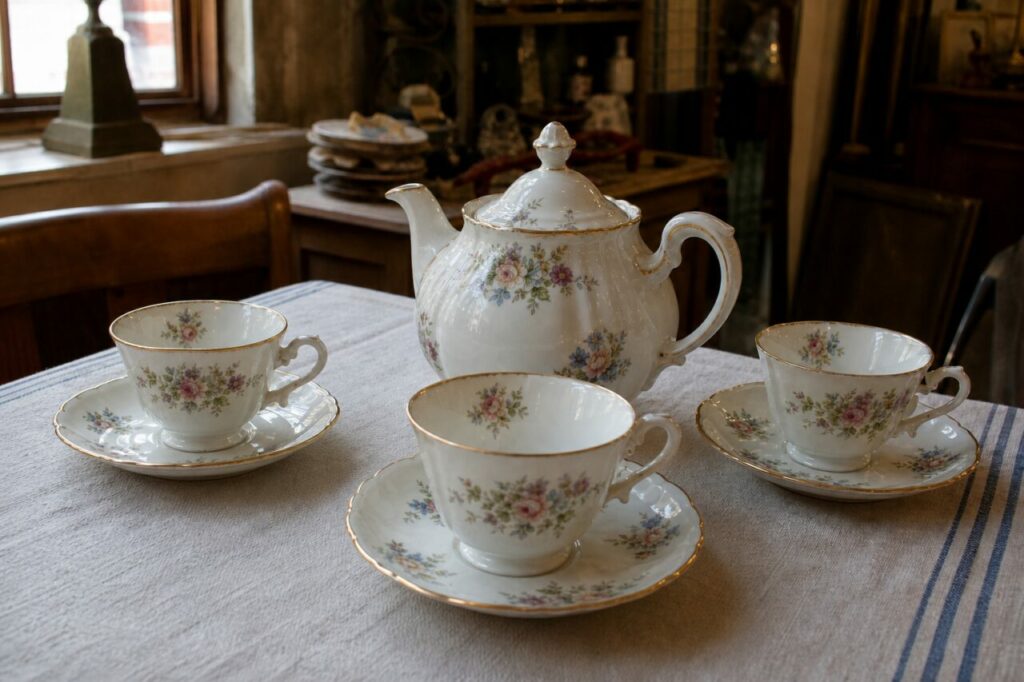 Service à thé fleuri en porcelaine blanche vu de côté sur une nappe rayée