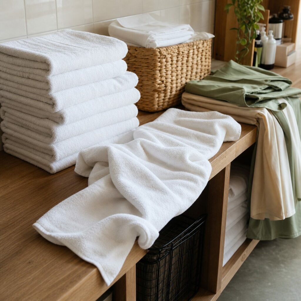 Serviette blanche déployée sur un meuble de linge du salon