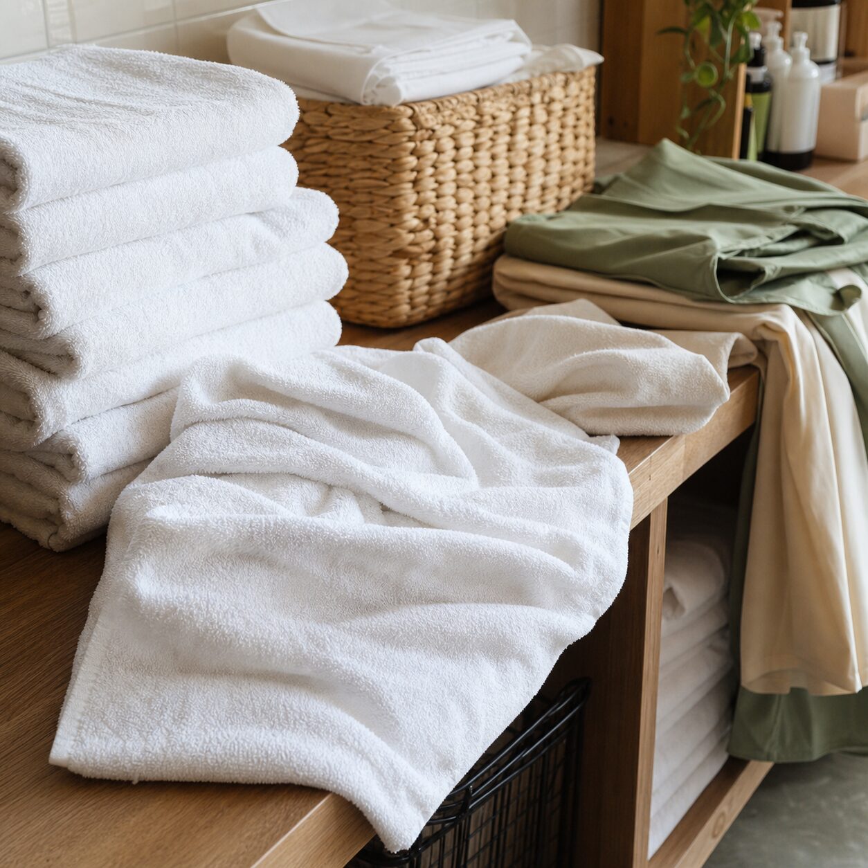 White towels and folded textiles on a wooden cabinet