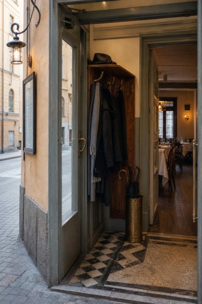 Offene Schwelle mit Laterne und Garderobe im Inneren