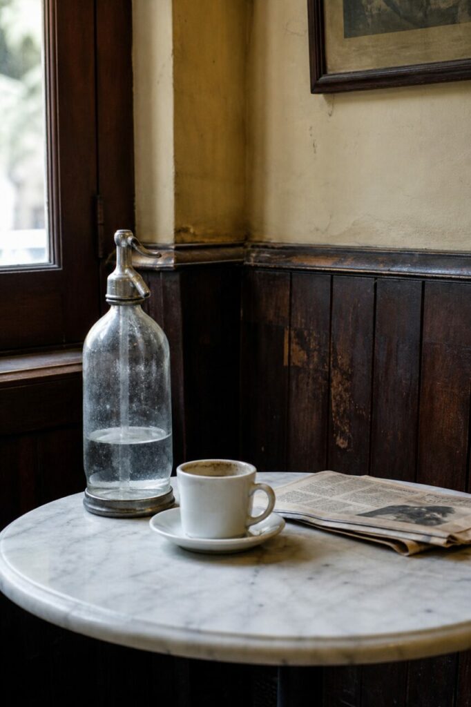 Siphonflasche, Tasse und Zeitung am Fenster