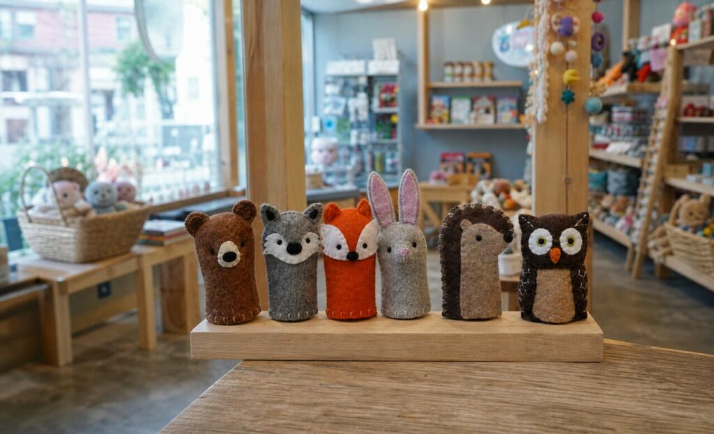 Rangée complète de six animaux textiles sur un socle en bois clair