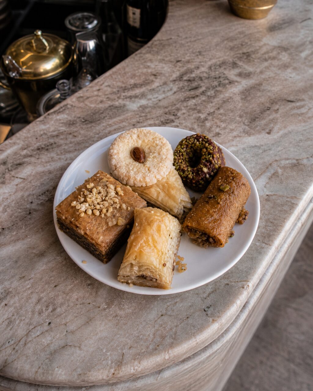 Six pastries in an angled overhead plate view