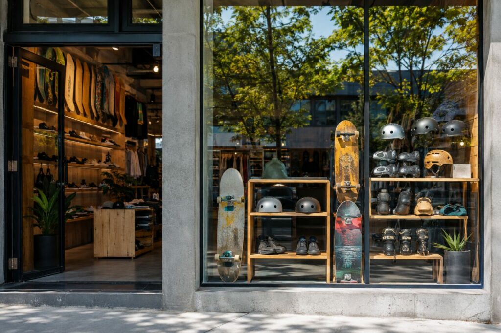 Boards, Helme und Schutzausrüstung im Schaufenster eines Skateladens