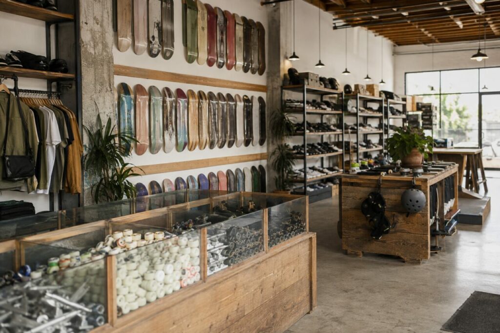 Skateladen mit Reihen von Boards, Schuhen und Zubehör in den Regalen