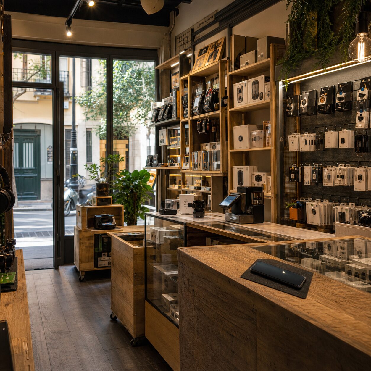 Smartphone sul bancone al centro di un negozio di accessori mobili