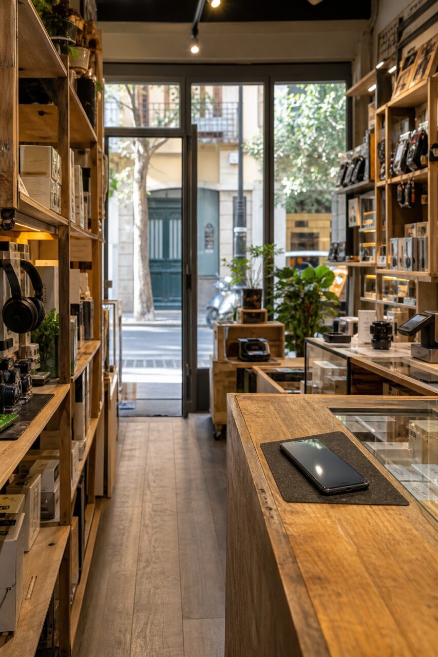 Smartphone nero appoggiato sul bancone di un negozio di accessori per cellulari