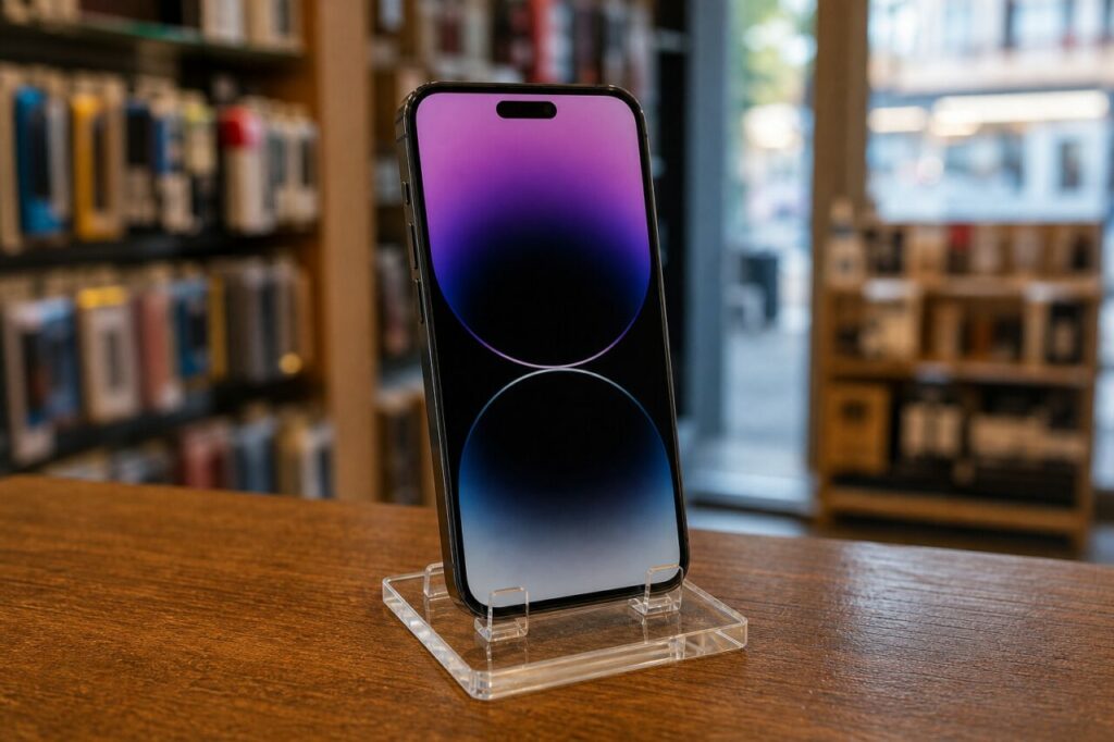 Schwarzes Smartphone auf einem Tresen im Zubehörgeschäft