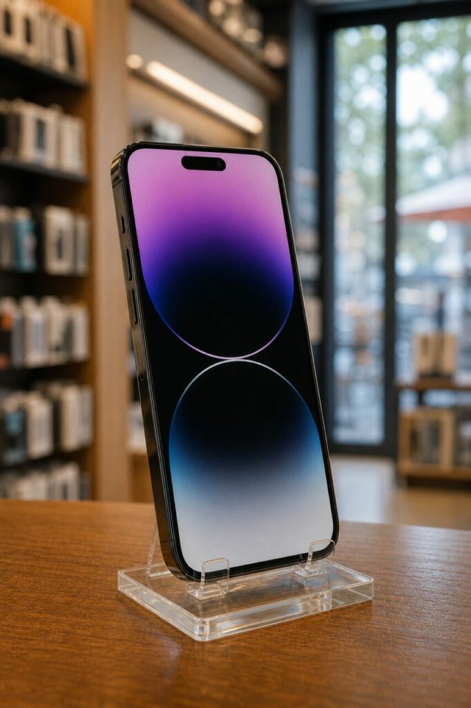 Smartphone noir incliné sur un support transparent