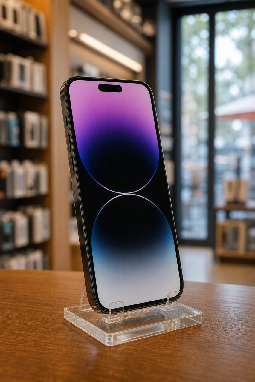 Smartphone noir incliné sur un support transparent