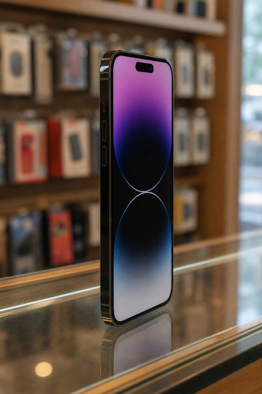 Smartphone preto sobre uma vitrina numa loja