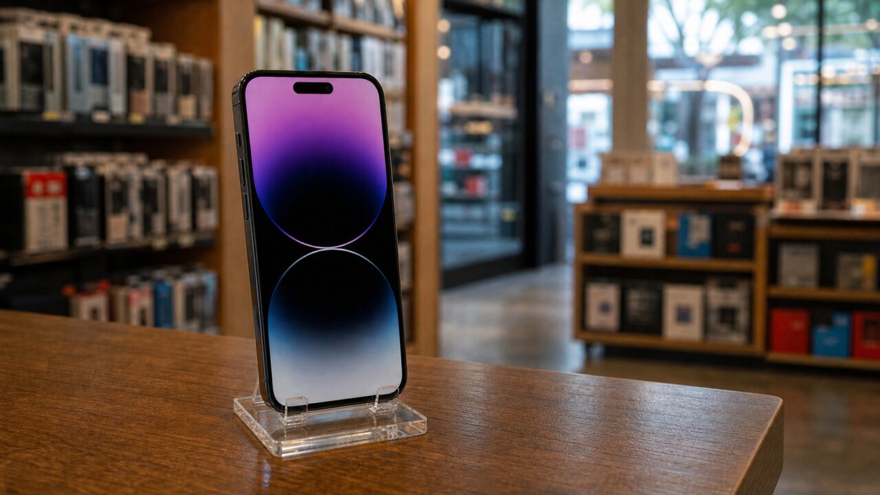 Smartphone auf transparentem Ständer in einem hellen Zubehörgeschäft