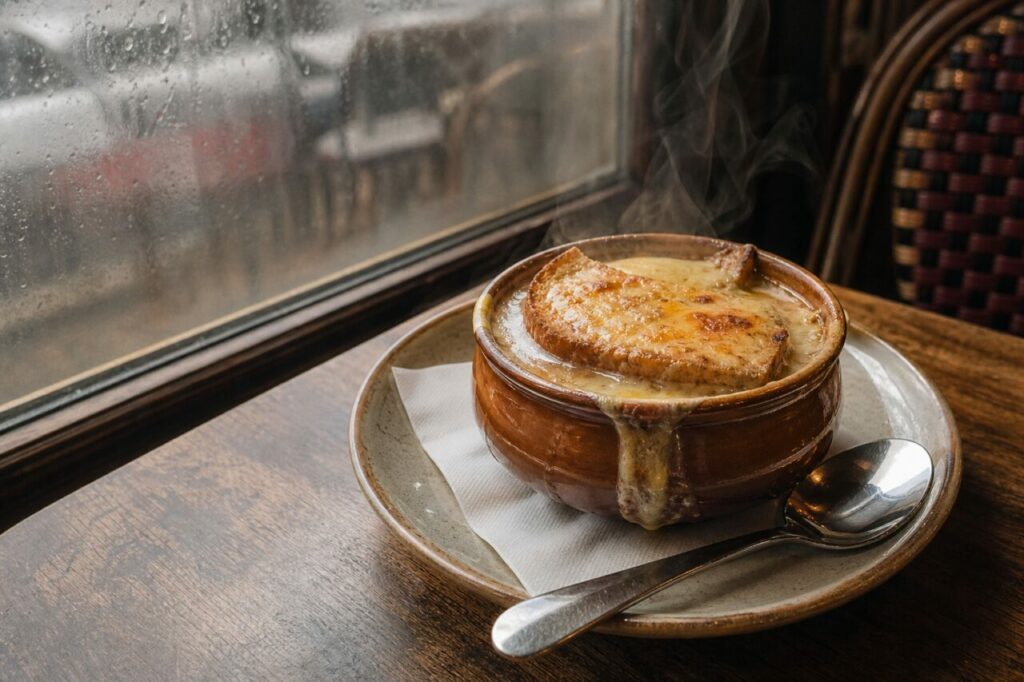 Gegratineerde uiensoep in een aardewerken pot op een brasserietafel